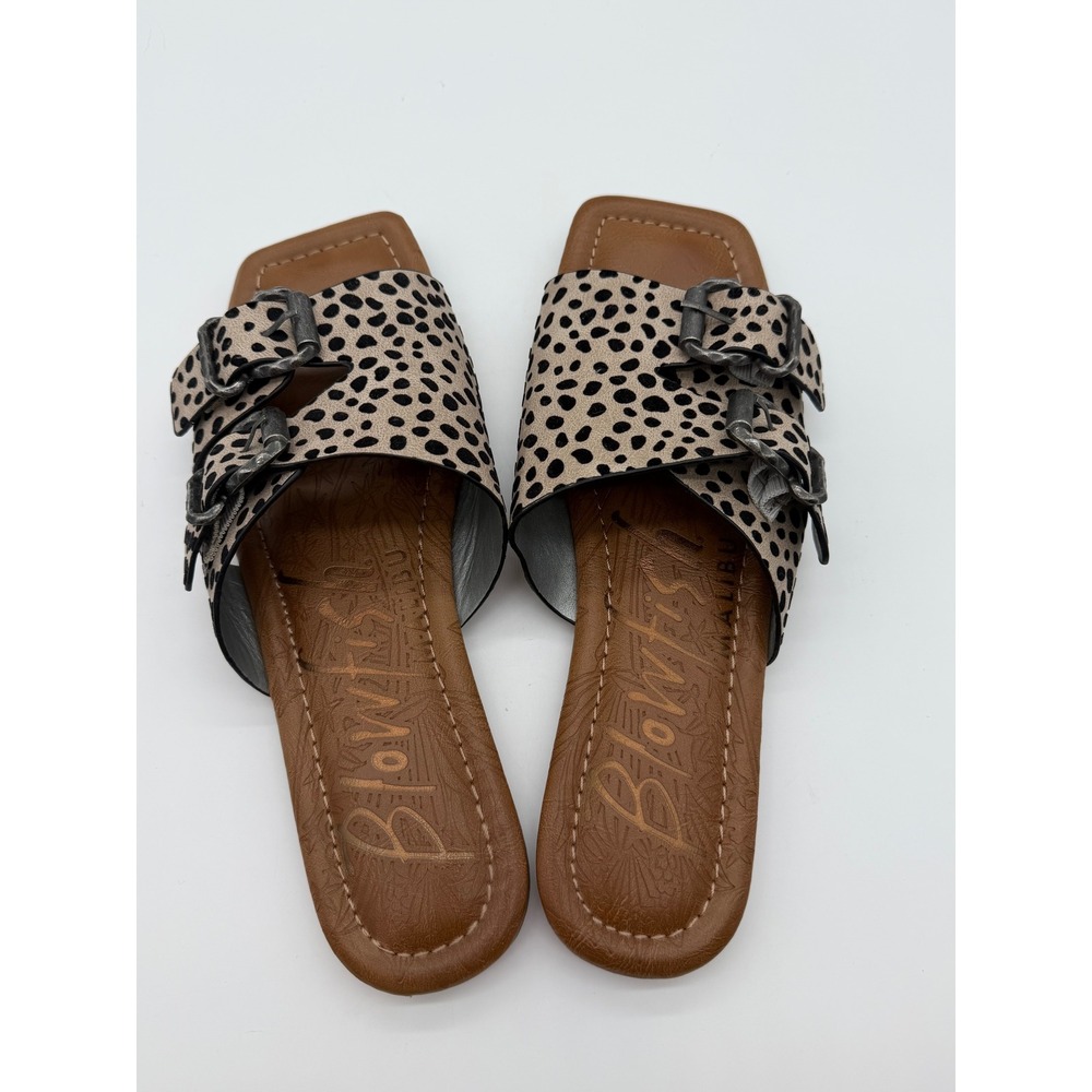 Blowfish Malibu Cheetah Print Double Buckle Slide Sandals Tan Black Womens 8.5